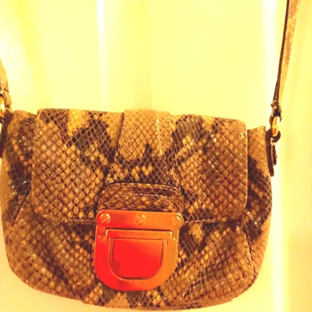 Micheal Kors tan and black small faux snake skin crossbody